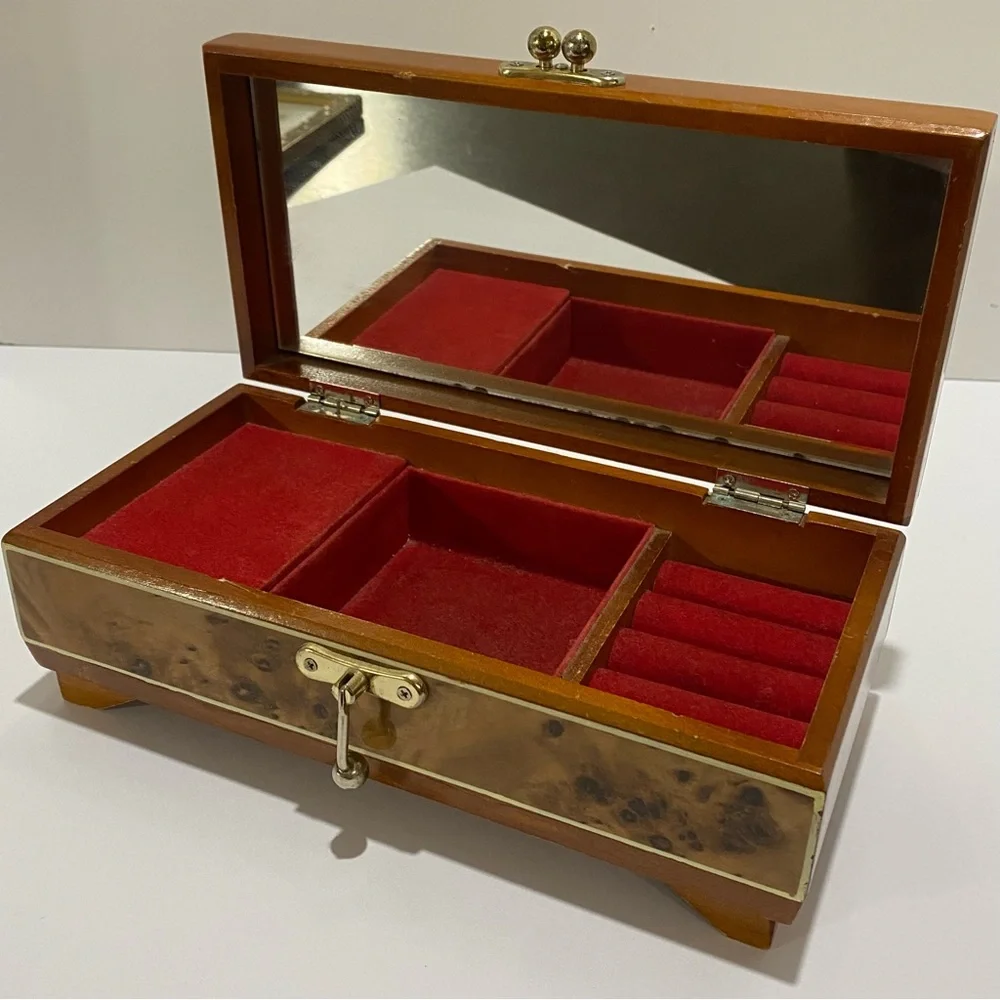 VTG Kimco Japan Wooden Jewelry Box Floral Inlay Red Velvet Lining Mirror READ